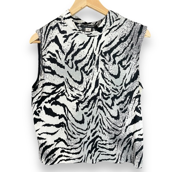 St John Zebra Shell‎ Vintage Animal Print Knit Tank Top Mock Neck Women Medium - Picture 1 of 16